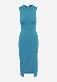 Born2be - Niebieska Sukienka z Półgolfem z Rozcięciem na Przodzie Aelwyn. Okazja: na imprezę, na co dzień. Kolor: niebieski. Materiał: skóra. Długość rękawa: krótki rękaw. Styl: casual #5