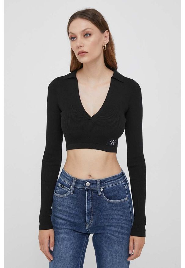 Calvin Klein Jeans longsleeve damski kolor czarny. Kolor: czarny. Materiał: dzianina, prążkowany. Długość rękawa: długi rękaw. Długość: długie