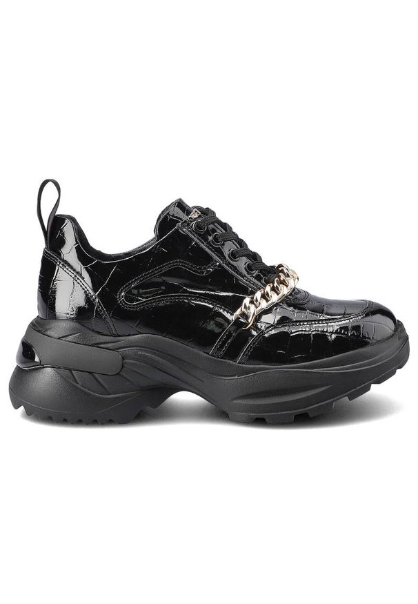 CheBello - Czarne Sneakersy Chebello Damskie Wygodne Obuwie. Zapięcie: sznurówki. Kolor: czarny. Materiał: skóra, lakier. Szerokość cholewki: normalna. Wzór: aplikacja. Styl: glamour, klasyczny