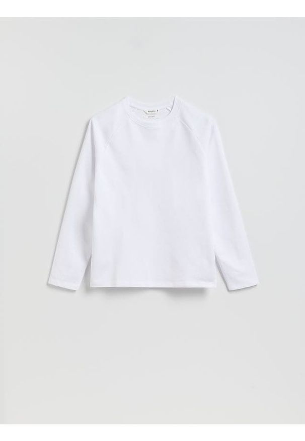 Reserved - Longsleeve super slim fit - biały. Kolor: biały. Materiał: dzianina, bawełna. Długość rękawa: długi rękaw