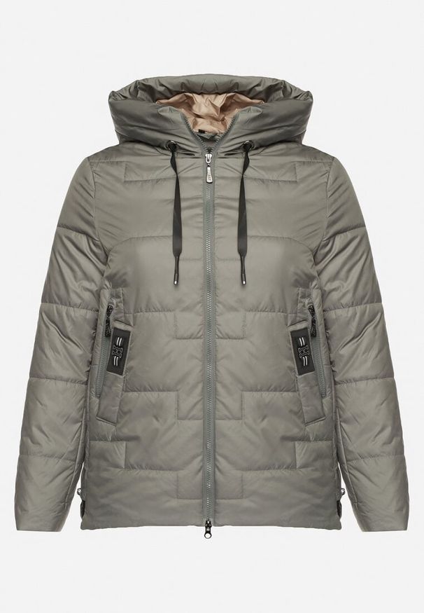 Born2be - Zielona Pikowana Kurtka z Kapturem i Ozdobnymi Suwakami Tulirisa. Okazja: na co dzień. Typ kołnierza: kaptur. Kolekcja: plus size. Kolor: zielony. Materiał: jeans. Styl: casual, sportowy