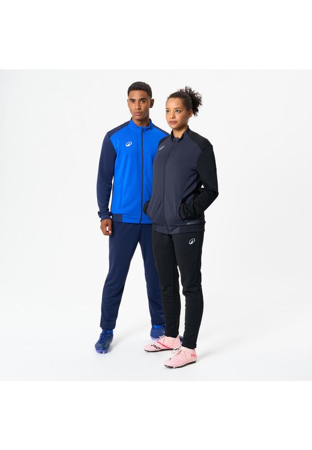 KIPSTA - Bluza piłkarska Kipsta Essential treningowa. Typ kołnierza: komin. Kolor: czarny, szary, wielokolorowy. Materiał: tkanina, prążkowany, poliester, materiał, elastan. Sport: piłka nożna