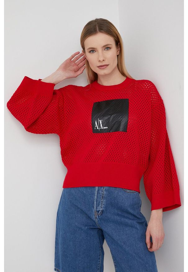 Armani Exchange sweter 3LYM1Z.YMH8Z damski kolor czerwony. Kolor: czerwony. Materiał: dzianina. Długość rękawa: długi rękaw. Długość: długie