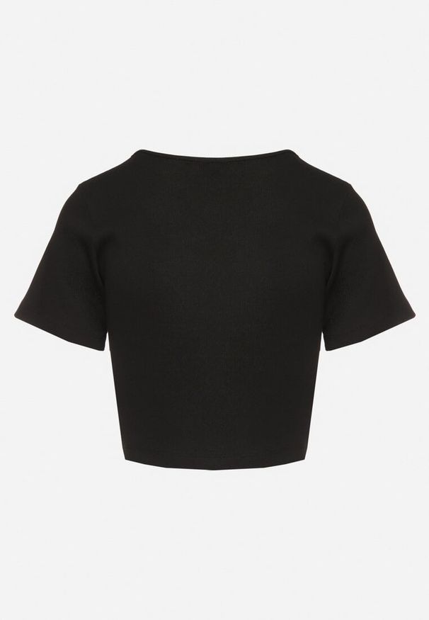 Born2be - Czarny Bawełniany T-shirt z Prążkowanego Materiału Linalora. Okazja: na co dzień, na spotkanie biznesowe. Kolor: czarny. Materiał: prążkowany, bawełna, materiał. Styl: biznesowy, klasyczny, casual, elegancki