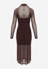 Born2be - Brązowa Prześwitująca Sukienka Siateczkowa z Halką Kuma. Okazja: na co dzień. Kolor: brązowy. Materiał: wiskoza, jeans. Długość rękawa: na ramiączkach. Typ sukienki: proste. Styl: casual, elegancki, klasyczny #7