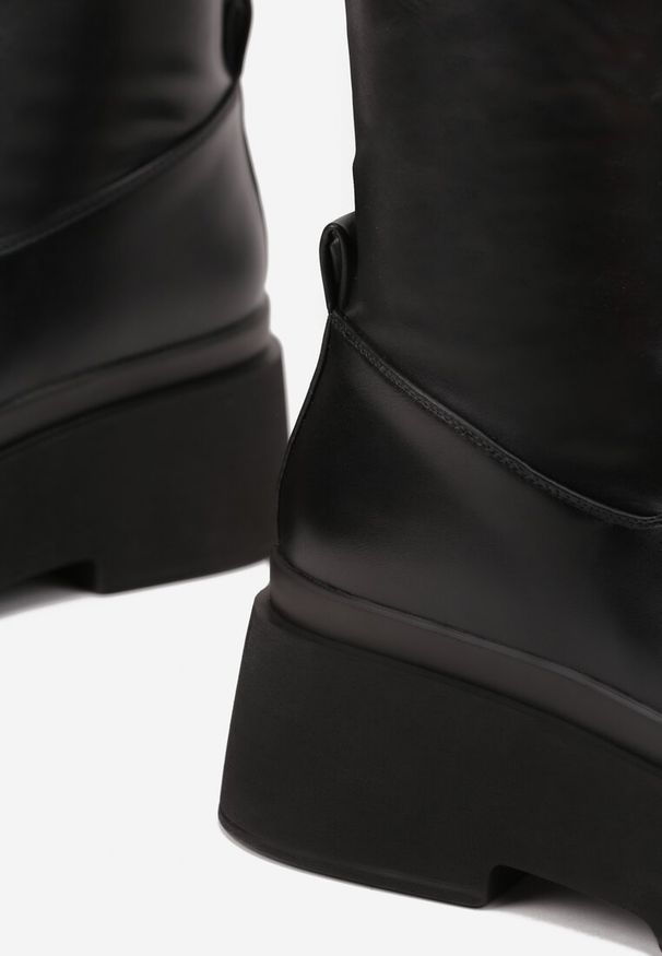 Renee - Czarne Botki na Platformie z Dopasowaną Cholewką Elloma. Okazja: na co dzień. Kolor: czarny. Materiał: jeans, skóra. Szerokość cholewki: normalna. Obcas: na platformie. Styl: casual
