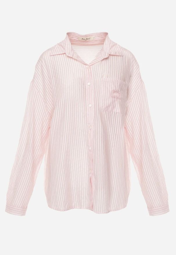 Renee - Różowa Koszula Oversize z Tencelu w Paski z Haftowanym Wzorem Tidore. Okazja: na co dzień. Kolor: różowy. Materiał: jeans, materiał, poliester. Wzór: haft, paski. Styl: elegancki, casual