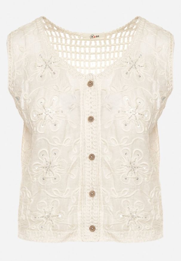 Born2be - Beżowa Bluzka Boho Bez Rękawów z Guzikami Haftem i Ażurowym Zdobieniem Linetela. Okazja: na co dzień. Kolor: beżowy. Materiał: bawełna, jeans, materiał. Długość rękawa: bez rękawów. Wzór: ażurowy, haft, aplikacja. Styl: boho