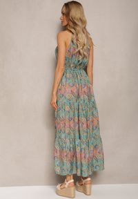 Renee - Niebiesko-Zielona Sukienka w Stylu Boho Bez Rękawów z Gumką w Pasie i Wiązaniem przy Dekolcie Yisa. Kolor: niebieski. Materiał: tkanina. Długość rękawa: bez rękawów. Sezon: lato. Styl: boho #4