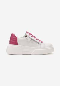 Renee - Biało-Różowe Skórzane Sneakersy na Platformie z Ozdobnym Suwakiem z Boku Leomiana. Kolor: biały. Materiał: skóra. Obcas: na platformie #6