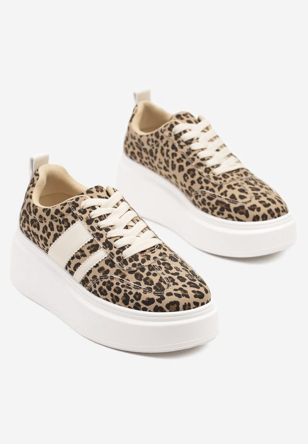 Renee - Panterkowe Sneakersy Klasyczne Tenisówki na Grubej Podeszwie z Koturnem Adessia. Okazja: na co dzień. Materiał: jeans. Obcas: na koturnie