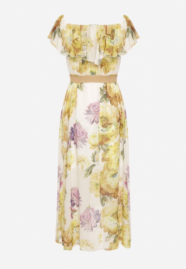 Born2be - Żółta Sukienka Typu Hiszpanka w Kwiaty z Paskiem Sademire. Okazja: na co dzień. Typ kołnierza: dekolt hiszpanka. Kolor: żółty. Wzór: kwiaty. Styl: casual