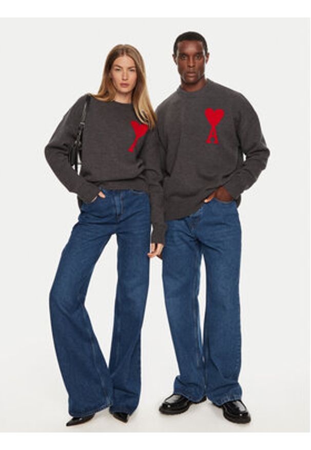 AMI PARIS Sweter UKS002018 Szary Regular Fit. Kolor: szary. Materiał: wełna