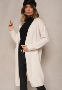 Renee - Jasnobeżowy Niezapinany Casualowy Kardigan z Wełną o Długim Kroju Zozita. Okazja: na co dzień. Kolor: beżowy. Materiał: wełna. Długość: długie. Styl: casual