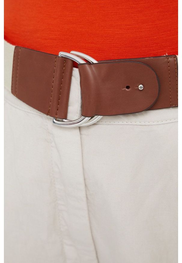 Emporio Armani spodnie z lnem damskie kolor beżowy proste high waist. Stan: podwyższony. Kolor: beżowy. Materiał: len