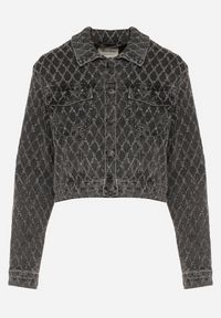 Born2be - Szara Bawełniana Kurtka Jeansowa z Geometrycznym Wzorem Arivale. Okazja: na co dzień. Kolor: szary. Materiał: bawełna, jeans. Wzór: geometria. Styl: klasyczny, casual, elegancki #2