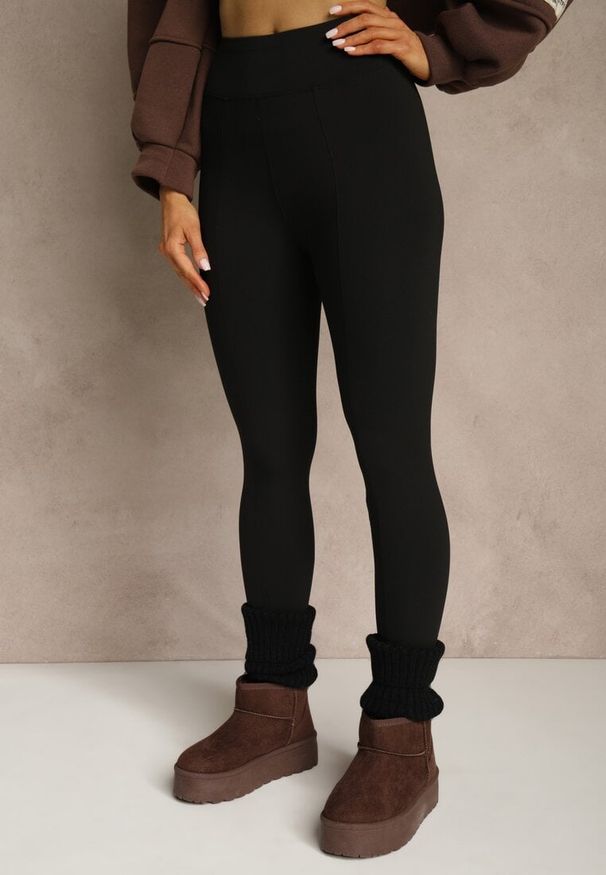 Renee - Czarne Klasyczne Legginsy High Waist z Zapiętkami i Ociepleniem Serafeia. Stan: podwyższony. Kolor: czarny. Materiał: koronka. Styl: klasyczny