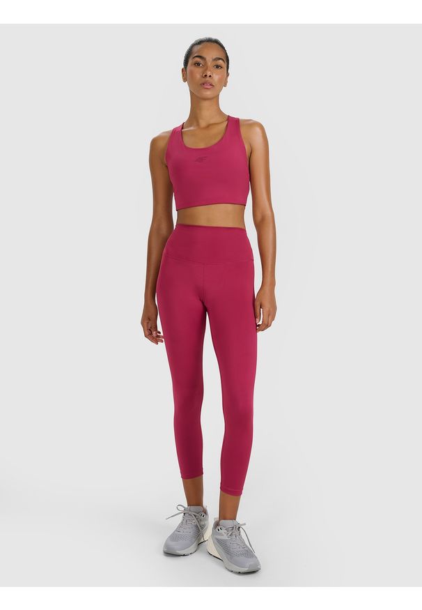 4f - 4F Legginsy treningowe 7/8 z wysokim stanem damskie - czerwone XS. Stan: podwyższony. Kolor: czerwony. Materiał: włókno, elastan, dzianina, materiał, poliester. Wzór: gładki, ze splotem. Sport: fitness