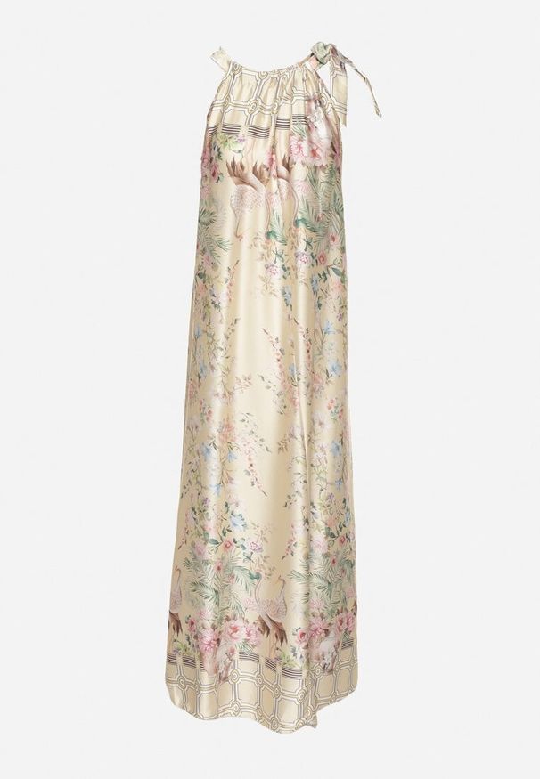 Born2be - Żółta Satynowa Sukienka w Kwiaty z Ozdobnym Wiązaniem Fenasella. Okazja: na co dzień. Kolor: żółty. Materiał: satyna. Wzór: kwiaty. Typ sukienki: proste. Styl: elegancki, casual, klasyczny, wizytowy