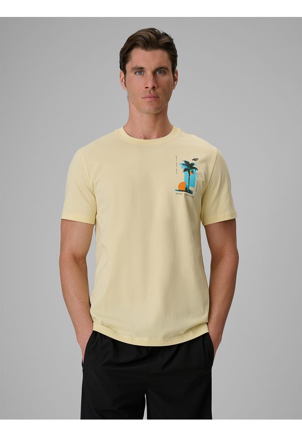 4f - 4F T-shirt regular z nadrukiem męski - żółty S. Okazja: na co dzień. Kolor: żółty. Materiał: bawełna, dzianina. Wzór: nadruk. Styl: klasyczny, wakacyjny, casual