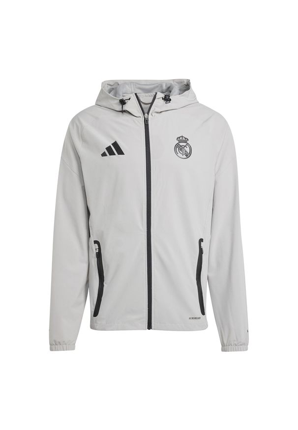 Adidas - Kurtka przeciwdeszczowa z kapturem Real Madrid Competition Tiro 2024/25. Typ kołnierza: kaptur. Kolor: zielony, szary, wielokolorowy. Sport: piłka nożna