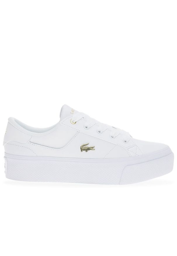 Buty damskie Lacoste Ziane Platform 124 2 CFA 747CFA0005-216 - białe. Okazja: na co dzień. Zapięcie: sznurówki. Kolor: biały. Materiał: syntetyk, guma, skóra. Wzór: aplikacja. Obcas: na platformie