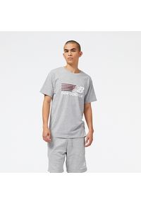 Koszulka męska New Balance MT23904AGM – szara. Kolor: szary. Materiał: materiał, bawełna, poliester. Wzór: napisy