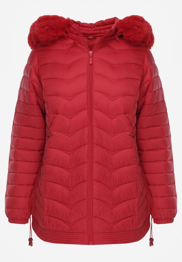 Renee - Czerwona Przejściowa Kurtka z Pikowaniem Bocznymi Ściągaczami i Kapturem Fezizia. Okazja: na co dzień. Kolor: czerwony. Materiał: futro, jeans, poliester. Styl: casual, elegancki