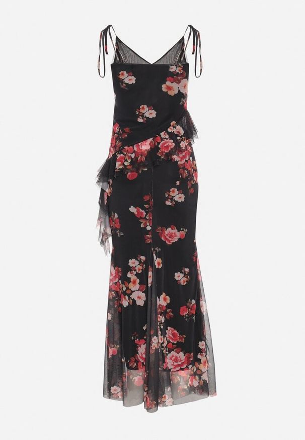 Born2be - Czarny Komplet w Kwiaty Spódnica i Top z Wiązanymi Ramiączkami i Falbankami Torellina. Kolor: czarny. Materiał: jeans. Wzór: kwiaty