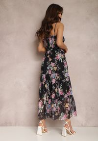 Renee - Czarna Sukienka Aggocles. Kolor: czarny. Materiał: tkanina. Długość rękawa: na ramiączkach. Wzór: kwiaty, aplikacja, kolorowy. Długość: maxi