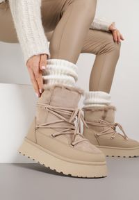Born2be - Ciemnobeżowe Śniegowce na Grubej Podeszwie z Futerkiem Alwedra. Okazja: na co dzień. Kolor: beżowy. Materiał: futro. Styl: casual, elegancki, sportowy #1