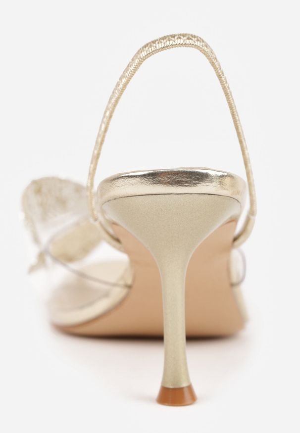 Born2be - Złote Eleganckie Sandały Transparentne VICES na Szpilce z Kokardą z Cyrkoniami Pirera. Okazja: na komunię, na wesele, na studniówkę, na ślub cywilny. Zapięcie: pasek. Kolor: złoty. Obcas: na szpilce. Styl: elegancki