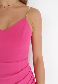 Born2be - Fuksjowa Sukienka Mini na Ozdobnych Ramiączkach z Asymetrycznym Dołem Maffah. Okazja: na randkę, na ślub cywilny, na wesele. Kolor: różowy. Długość rękawa: na ramiączkach. Typ sukienki: asymetryczne. Długość: mini #4