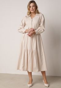 Born2be - Beżowa Bawełniano-Wiskozowa Sukienka Koszulowa z Imitacją Kieszeni Biriala. Okazja: na co dzień. Kolor: beżowy. Materiał: wiskoza, bawełna. Typ sukienki: koszulowe. Styl: casual, elegancki, klasyczny #1