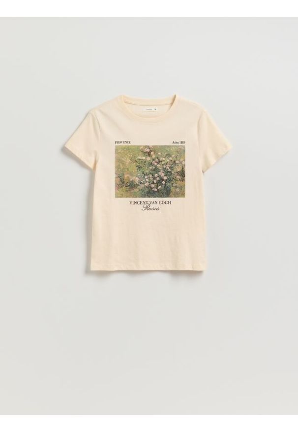 Reserved - T-shirt z nadrukiem - kremowy. Kolor: kremowy. Materiał: dzianina, bawełna. Wzór: nadruk