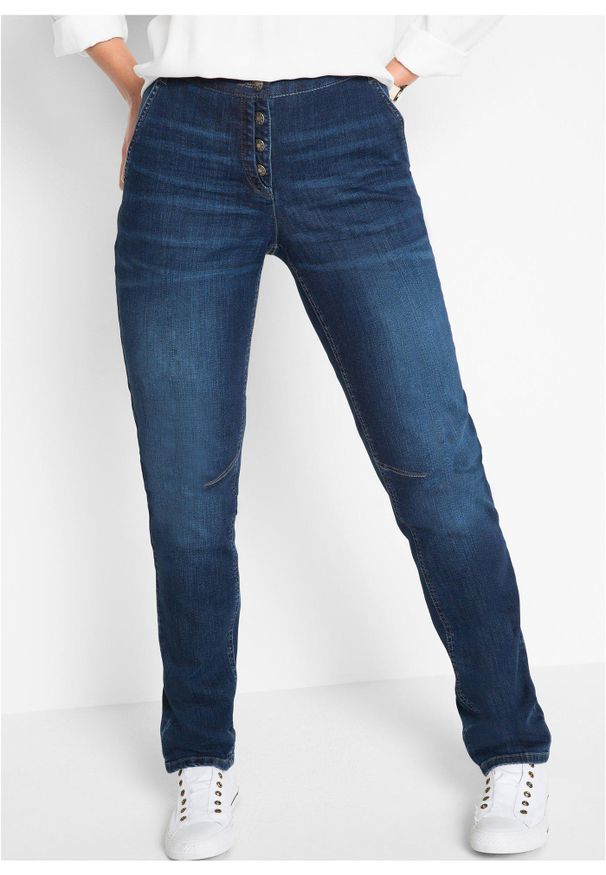 bonprix - Dżinsy o kroju boyfriend, mid waist, z wygodnym paskiem. Okazja: na co dzień. Kolor: niebieski. Styl: casual