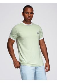 Ombre Clothing - T-shirt męski z kontrastowymi lampasami – pistacjowy V9 - Rozmiar: M. Kolor: zielony. Materiał: materiał, poliester, bawełna. Długość rękawa: krótki rękaw. Długość: krótkie. Wzór: aplikacja. Styl: klasyczny #6