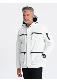 Ombre Clothing - Kurtka męska ocieplana z kieszeniami cargo - biała V1 - Rozmiar: XL. Kolor: biały. Materiał: poliester. Wzór: aplikacja #1