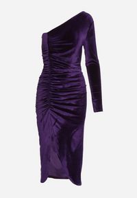 Born2be - Fioletowa Welurowa Sukienka o Asymetrycznym Kroju z Rozcięciem i Marszczeniem Folinda. Okazja: na ślub cywilny, na wesele, na imprezę. Kolor: fioletowy. Materiał: welur. Długość rękawa: długi rękaw. Typ sukienki: asymetryczne. Styl: elegancki #6