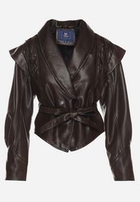 Born2be - Ciemnobrązowa Kurtka w Stylu Ramoneski z Wiskozą Sznurowaniem i Paskiem Janoliana. Kolor: brązowy. Materiał: wiskoza. Styl: sportowy #4