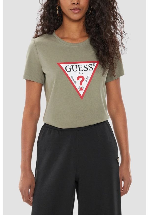 Guess - GUESS Zielony t-shirt damski Original Tee. Kolor: zielony