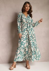 Renee - Zielona Sukienka Chrysice. Typ kołnierza: dekolt kopertowy. Kolor: zielony. Materiał: jeans, materiał, tkanina. Wzór: kwiaty, nadruk. Typ sukienki: kopertowe. Długość: maxi