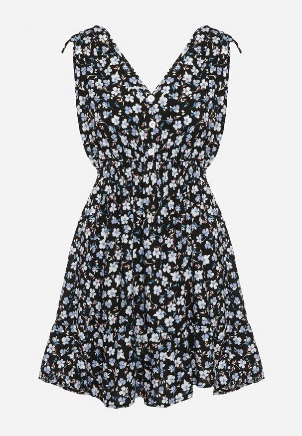 Born2be - Czarno-Niebieska Rozkloszowana Bawełniana Sukienka w Kwiaty z Gumką w Pasie Evieles. Okazja: na spacer, na co dzień. Typ kołnierza: dekolt w kształcie V. Kolor: czarny. Materiał: bawełna. Wzór: kwiaty. Sezon: wiosna, lato. Styl: casual, klasyczny