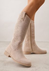 Renee - Ciemnobeżowe Ażurowe Botki z Geometryczną Ozdobą Naeraste. Okazja: na co dzień. Kolor: beżowy. Materiał: jeans. Wzór: geometria, ażurowy, aplikacja. Styl: casual #1
