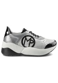 Massimo POLI - Srebrne Sneakersy Massimo Poli Damskie Modne Buty. Kolor: czarny. Materiał: zamsz, materiał, skóra, lakier. Szerokość cholewki: normalna. Obcas: na platformie. Styl: elegancki #3