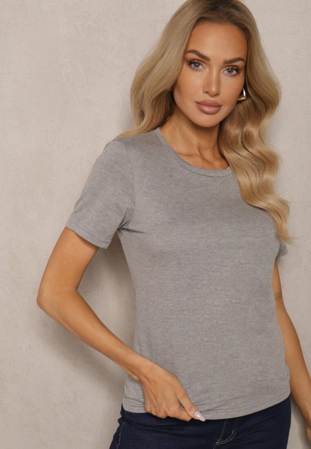 Renee - Ciemnoszary T-shirt Koszulka z Krótkim Rękawem i Okrągłym Dekoltem Tiarella. Kolor: szary. Materiał: jeans. Długość rękawa: krótki rękaw. Długość: krótkie. Wzór: aplikacja. Styl: klasyczny, elegancki