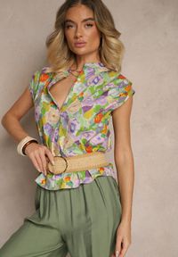 Renee - Fioletowo-Zielona Koszula z Bawełny w Kwiaty Natilea. Okazja: na co dzień. Kolor: fioletowy. Materiał: bawełna. Wzór: kwiaty. Styl: elegancki, casual