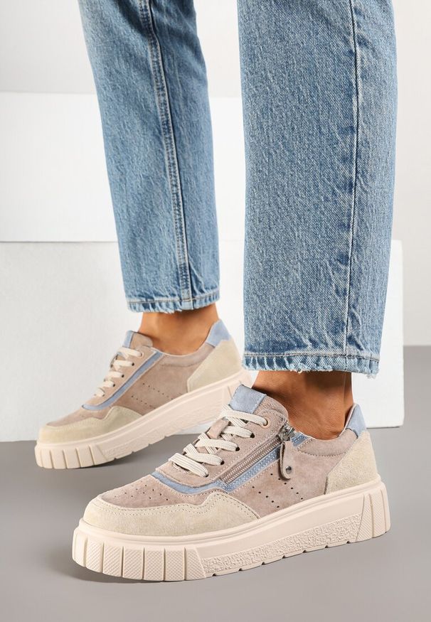 Born2be - Ciemnobeżowe Sneakersy Skórzane z Ozdobnym Suwakiem Tillirella. Okazja: na co dzień. Zapięcie: sznurówki. Kolor: beżowy. Materiał: skóra