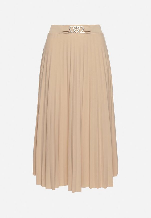 Born2be - Beżowa Spódnica z Gumką i Metalową Ozdobą w Pasie Azami. Kolor: beżowy. Materiał: tkanina. Wzór: aplikacja. Sezon: wiosna, lato