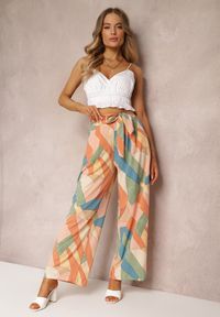 Renee - Różowe Spodnie Szerokie z Wiązaniem Sanitis. Kolor: różowy. Wzór: geometria #2